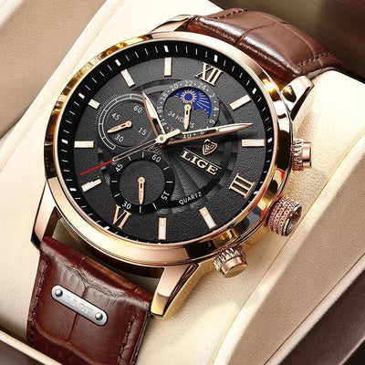 Mens Watches LIGE Top Brand Luxury Leather Casual