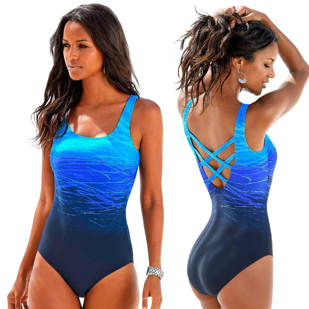 Mujer Mayo Push Up Swimwear Criss Cross Back One-piece Beach Bathing Suit Gradient Print Plavky Sexy One Piece Women Swimsuit