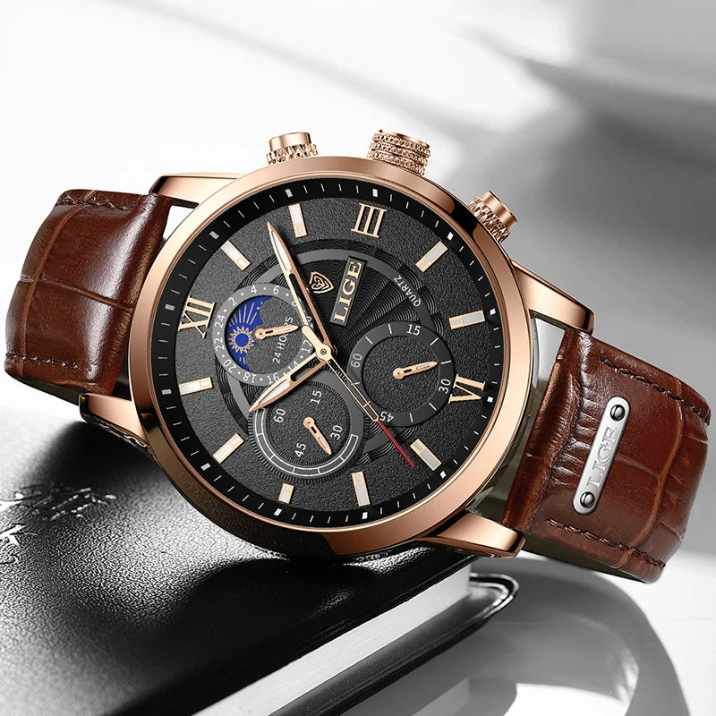 Mens Watches LIGE Top Brand Luxury Leather Casual