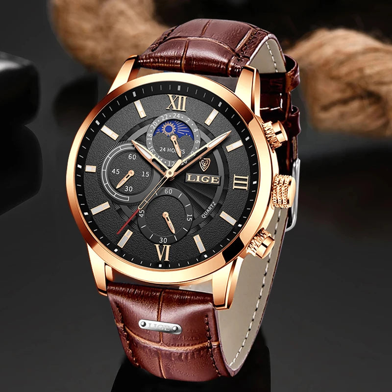 Mens Watches LIGE Top Brand Luxury Leather Casual