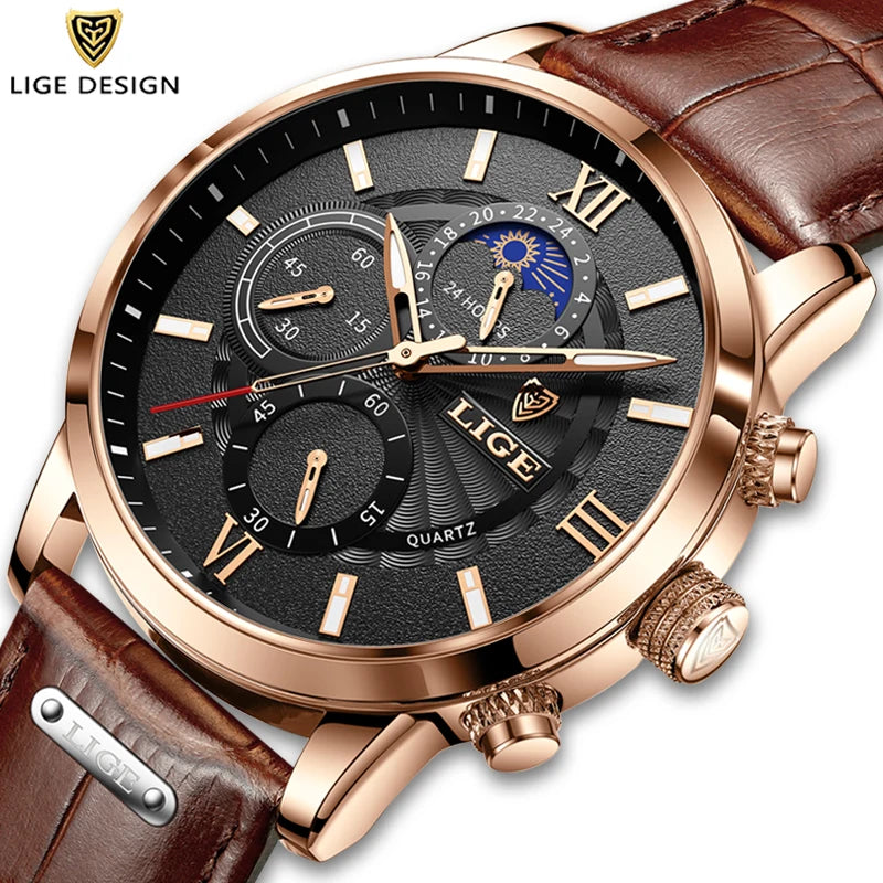 Mens Watches LIGE Top Brand Luxury Leather Casual