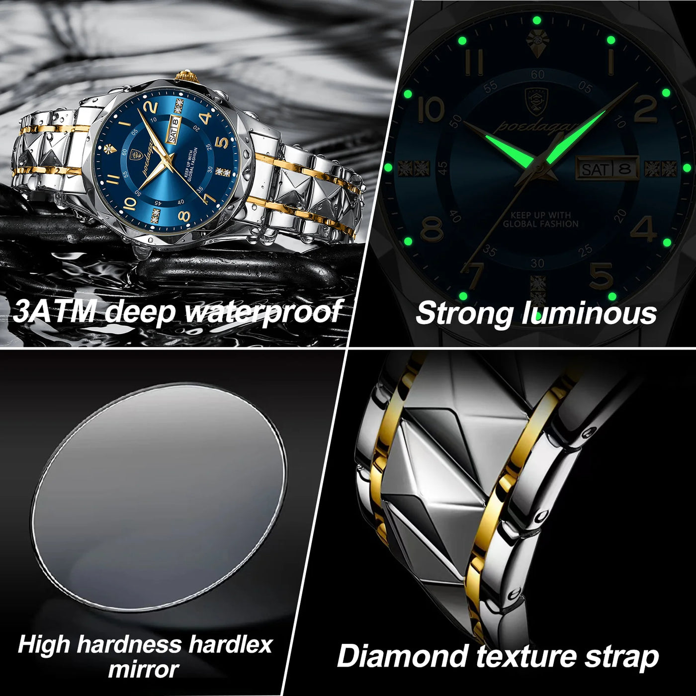 Men Quartz Watch Waterproof Date Week Luminous