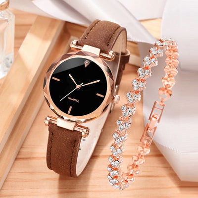 2pcs Luxury Fashion Women Watch Set PU Leather