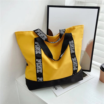 Colorblock Pink Letter Graphic Tote Handbags Woman Shoulder Bags Casual Sports Fitness Tote Bag Women Handbag Nylon Fabric