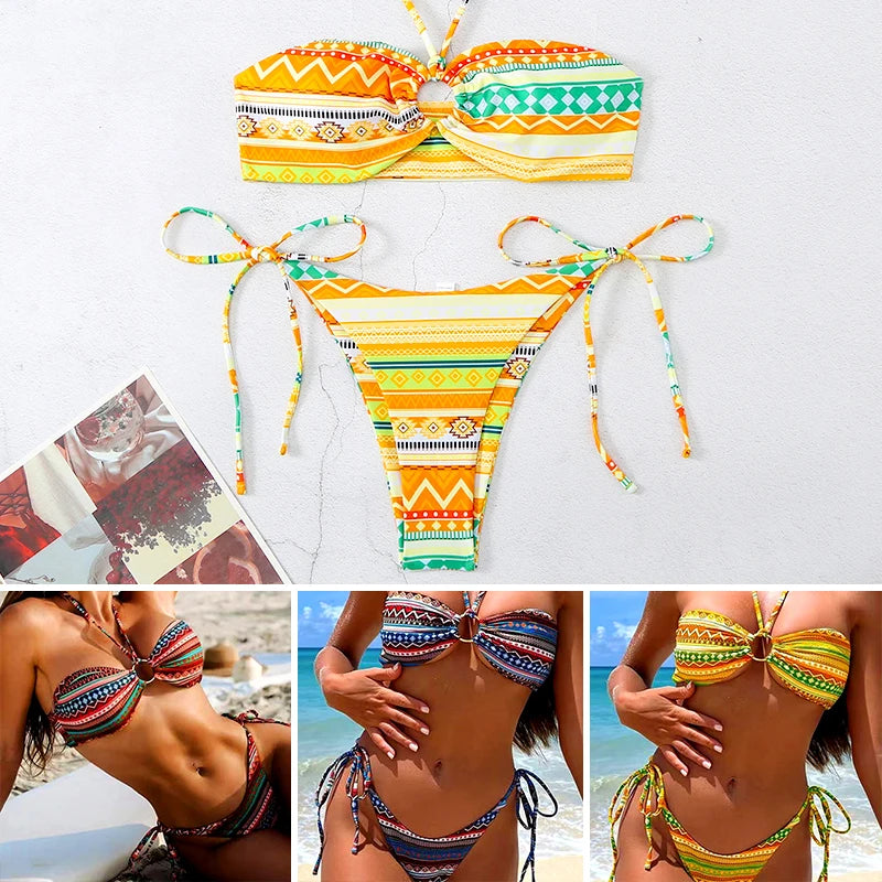 Bohemian Women Sexy Beach Bikinis 2 Pieces Bikini Set Cover Up Swimwear Low Waisted Bikini Set Swimwear Female Bathing Suit