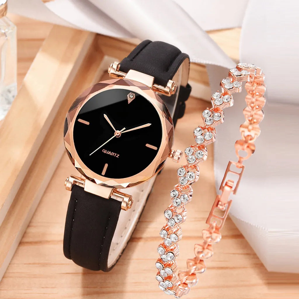 2pcs Luxury Fashion Women Watch Set PU Leather