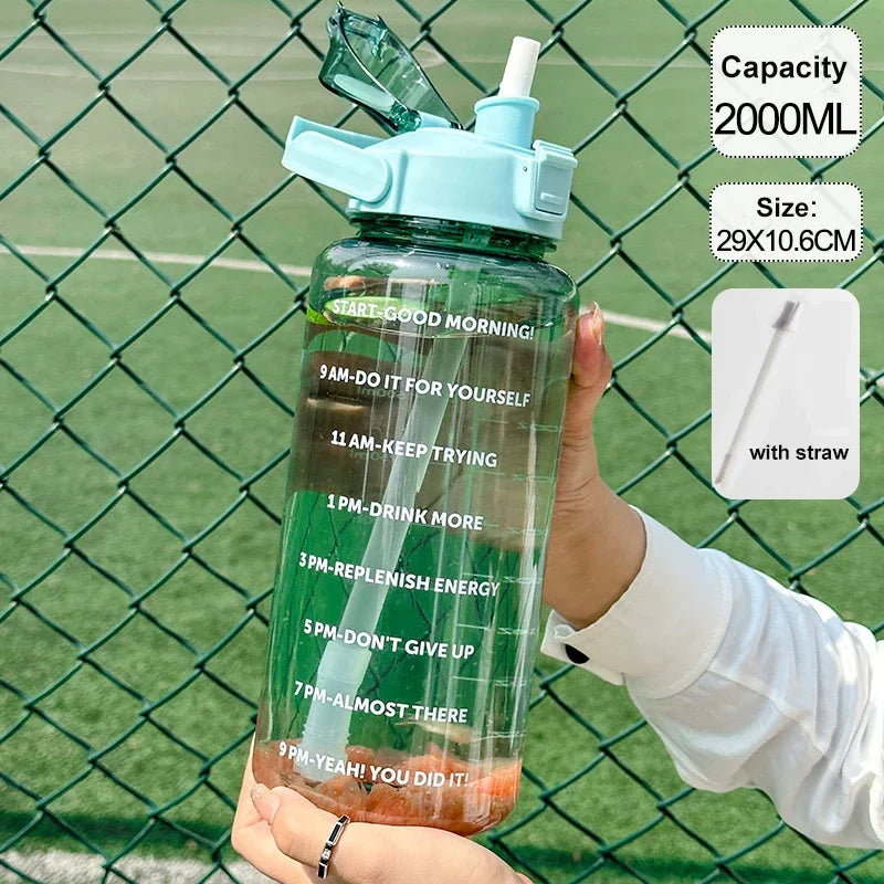 2 Liters Water Bottle Cups with Time Marker Reusable Outdoors Sports Drinking Bottles Motivational  Sports Big Cups With Straw