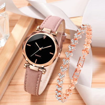 2pcs Luxury Fashion Women Watch Set PU Leather