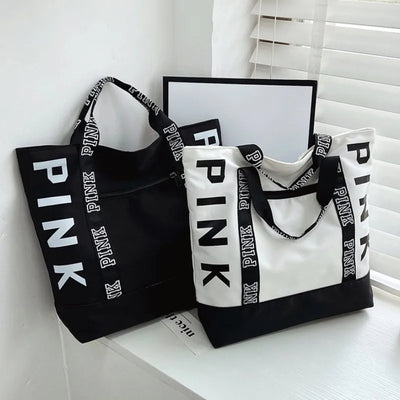 Colorblock Pink Letter Graphic Tote Handbags Woman Shoulder Bags Casual Sports Fitness Tote Bag Women Handbag Nylon Fabric