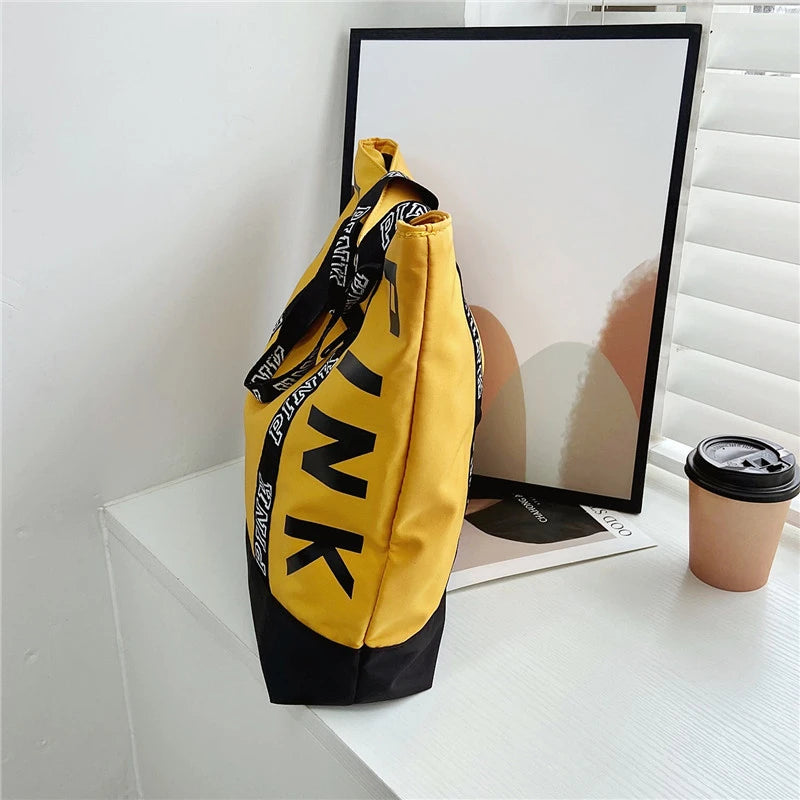 Colorblock Pink Letter Graphic Tote Handbags Woman Shoulder Bags Casual Sports Fitness Tote Bag Women Handbag Nylon Fabric