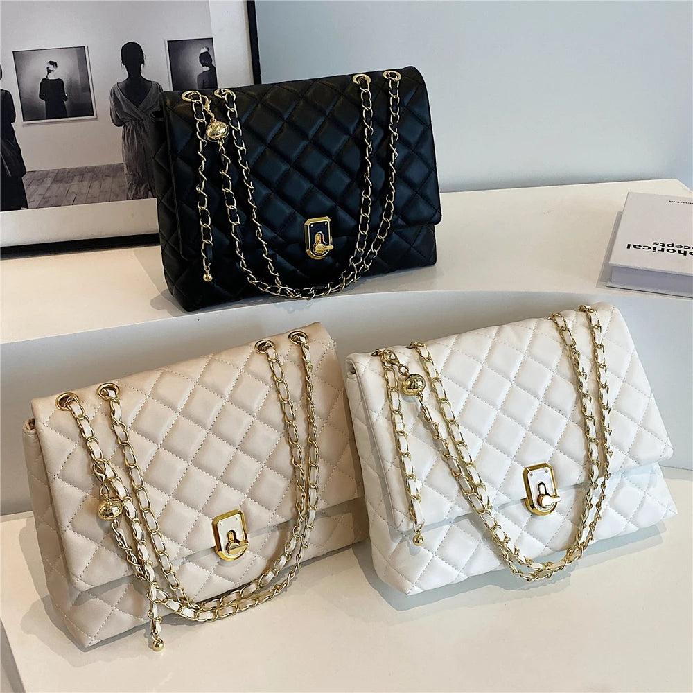 Burminsa Quilted Large Chain Shoulder Bags For Women Trend Designer Crossbody Bags PU Leather Ladies Handbags Black White