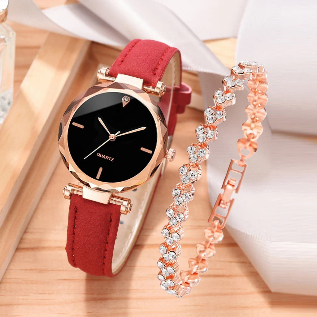 2pcs Luxury Fashion Women Watch Set PU Leather