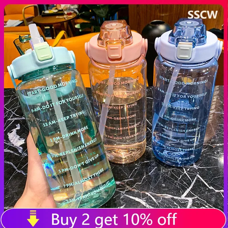 2 Liters Water Bottle Cups with Time Marker Reusable Outdoors Sports Drinking Bottles Motivational  Sports Big Cups With Straw