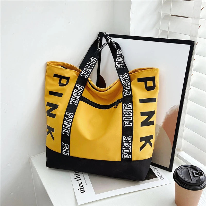 Colorblock Pink Letter Graphic Tote Handbags Woman Shoulder Bags Casual Sports Fitness Tote Bag Women Handbag Nylon Fabric