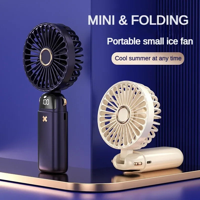 3000mAh Handheld Mini Fan Foldable Portable Neck Hanging Fans 5 Speed USB Rechargeable Fan with Phone Stand and Display Screen