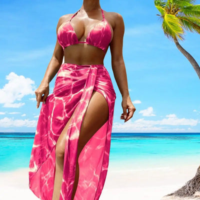 Women Swimsuit Set High Waist Summer Beach Swimwear Bathing Suit Wading Sports Clothes Tie-dye Bikini Set  V-neck Beachwear