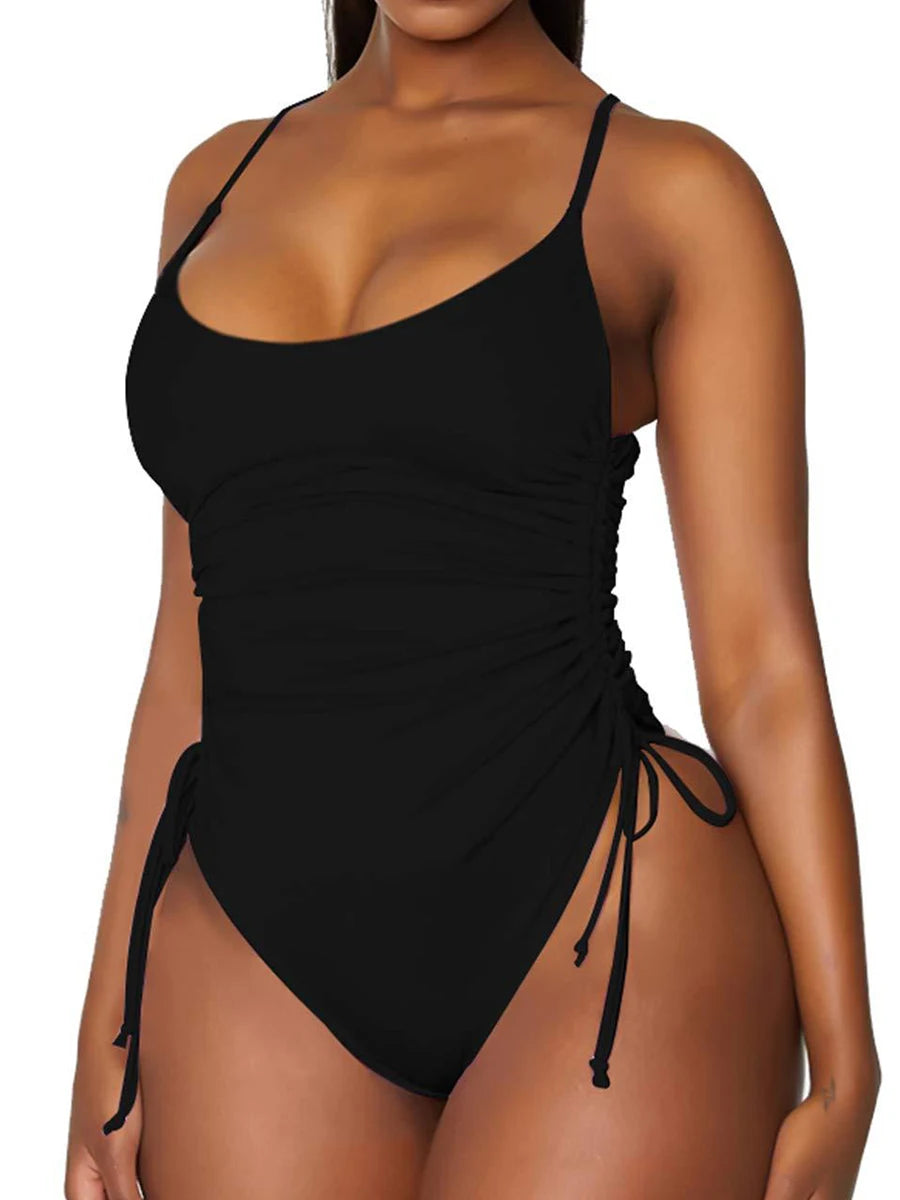 Drawstring Swimwear Women One Piece Swimsuit Solid Plus Bathers Bathing Swim Suit Padded Beachwear Swimming Bodysuit XXL